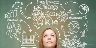 Blond girl near green chalkboard with business sketches